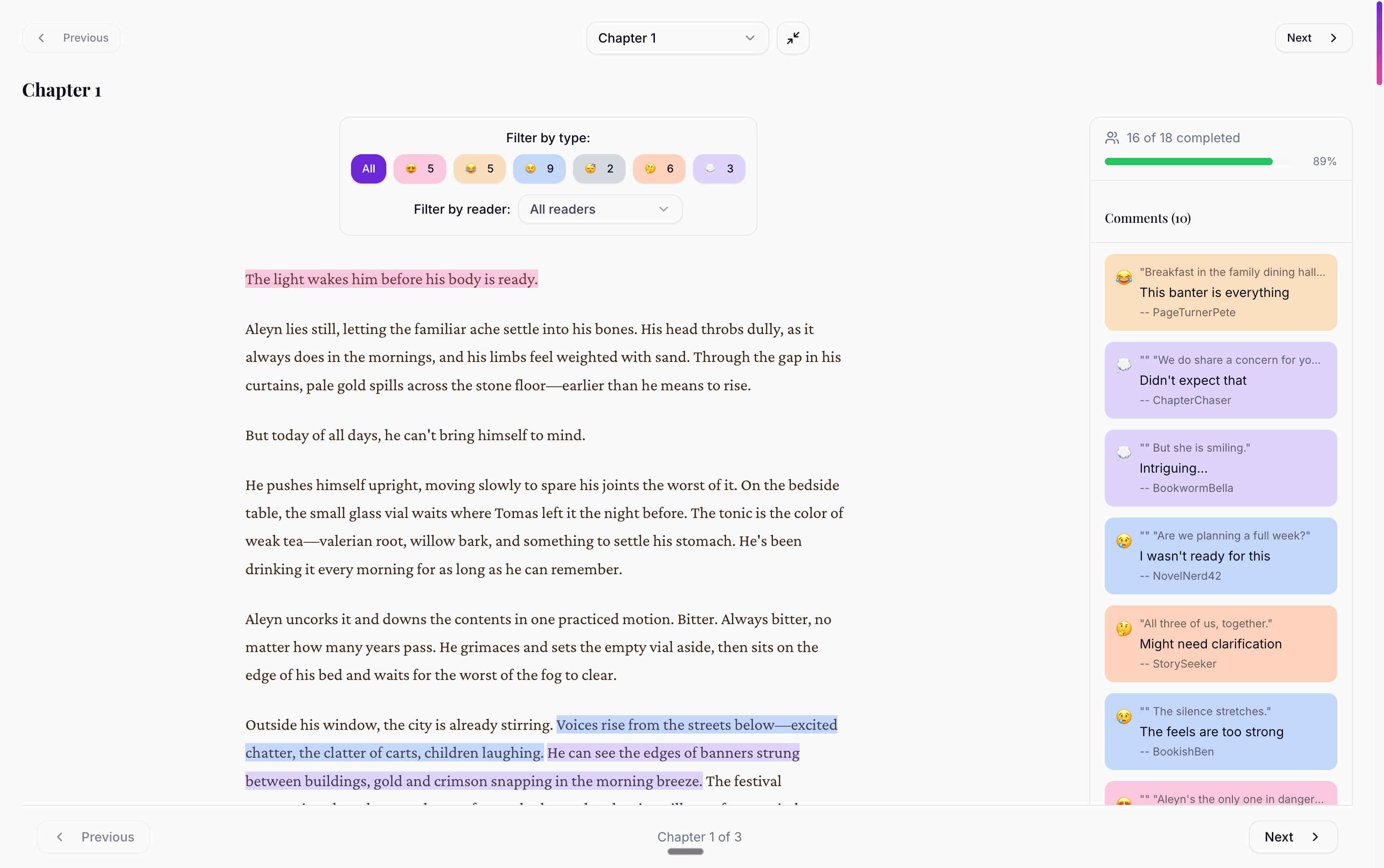 ReaderPulse feedback view showing inline reader reactions on manuscript